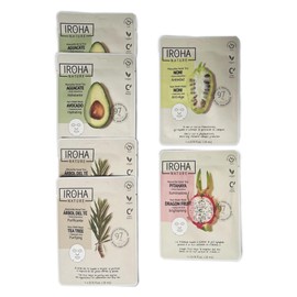 Iroha Nature - Gesichtsmaske-Behandlungskit mit Avocado-, Teebaum-, Pitahaya- und Noni-Extrakten | 6 Stück Tuchmasken für gesunde Haut | Hydratation und Vitamine