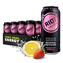 RIOT Clean Energy Drink – Strawberry Lemonade | No Sucralose, No Sugar Added, No Artificial Flavors | 160mg Natural Caffeine + 100mg L-Theanine | Clean Focus, Stamina & Energy | 16 Fl Oz (Pack of 12)