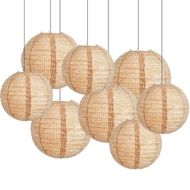 Print Burlap Paper Lanterns, 8 Pcs Boho Hanging Lanterns with Rustic Pattern, Brown Burlap Paper Lanterns for Bohemian Wedding, Farmhouse Decor, Thanksgiving and Birthday, 8 and 10 Inch