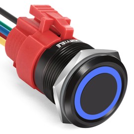 XINYIELE 22MM Latching 12V Push Button Switch On/Off,Waterproof with LED Light Power Metal Button Switch for Marine,0.87" Hole with Wire Socket Plug Self-Locking (Ring Blue LED/Black Shell)