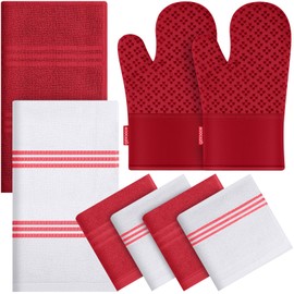Dish Towels and Dishcloths with Oven Mitts Sets- 100% Cotton Tea Towels for Kitchen- 500 F Heat Resistant Oven Mittens 7.5"x12", Durable Dish Cloths 11.8"x11.8", Absorbent Dish Towels 13.5"x24"