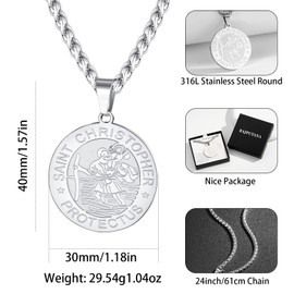 Rajputana St Christopher Necklace for Men Boys, Stainless Steel Saint Christopher Protect Us Medal Pendant Chain, Religious Baptism Catholic Jelwellry Gifts Silver