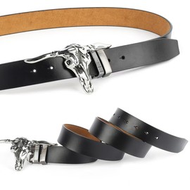 POSKAL Western Belt Cowboy Belts for Men Women, Western Leather Belts Bull Buckle Belt for Jeans, Sliver, Large
