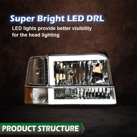 LQI LED DRL Headlights, Compatible with 1992-1996 Ford F150/ 92-97 F250 F350 Super Duty w/Corner Signal Chrome Housing Amber Reflector
