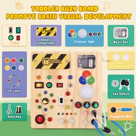 Iabedi Busy Board,Montessori Toys for 1-3 Years Old, Wooden Toddler Toys, Autism Sensory Travel Toys, Ideal Gift for 1+ Year Old Boys (Busy Board v4)