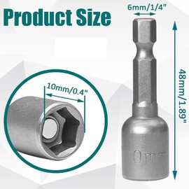 Fixinus 5 pieces 10 mm magnetic socket spanner set, 1/4 inch hex socket spanner inserts for drills, nut screwdriver and impact socket adapter, 48 mm length