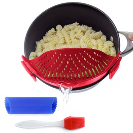 Clip On Kitchen Food Strainer for Spaghetti, Meat, Pasta, & Ground Beef Grease, Colander & Sieve Snaps or Clips Onto Bowls, Pots & Pans Includes Silicone Drainer, Brush & Garlic Peeler (Dk Red)