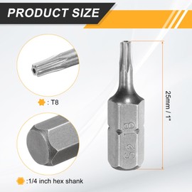 HARFINGTON 5pcs T8 Torx Screwdriver Bit 1/4" Hex Shank 25mm/1" Length S2 Steel Star 6 Point Head Hex Security Screw Driver Bits with Hole for Impact Electric Screw Driver Power Tools, Grey