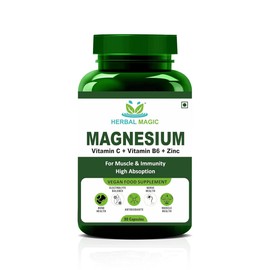 Herbal Magic Magnesium with Vitamin C, B6 & Zinc (90 Capsules) – Vegan Food Supplement for Immunity, Muscle Function & Energy Support