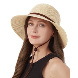 Zylioo Straw Hats with Chin Strap for Small Heads Summer Fedora Beach Sun Hat Petite Wide Brim UV Holiday Hat