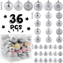 LUCKYCHRIS Adornos de bola de Navidad plateados para árbol de Navidad con cuerda para colgar, juego de 36 adornos de Navidad inastillables con 6 estilos en 3 tamaños (pequeño, mediano y grande)