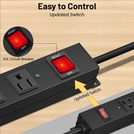 KF 6 Outlet Power Strip Surge Protector, Heavy Duty Wide Spaced Power Strip with 2200J Surge Protection, 15A/1875W Wall Mount Power Strip with Upgraded Switch, 14AWG 6FT Extension Cord, Black