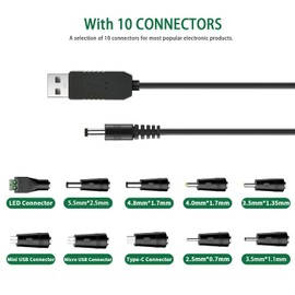 Versatile 5V USB to 12V DC Power Cable, Easy-to-Carry 3.3 Feet Charging Cord, with 10 Adapter Tips (Micro-USB, Type-C, Mini USB, 5.5x2.1, 2.5x0.7, 3.0x1.1, 3.5x1.35, 4.0x1.7, 4.8x1.7, 5.5x2.5mm)