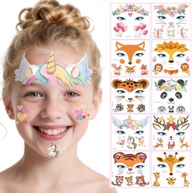 Kids Tattoos, 10 Sheets Glitter Face Tattoos for Kids, Temporary Fake Tattoo for Party Festival Birthday, Quick Face Painting Makeup, Water Transfer, Safe & Long Lasting, Cute Animal Stickers