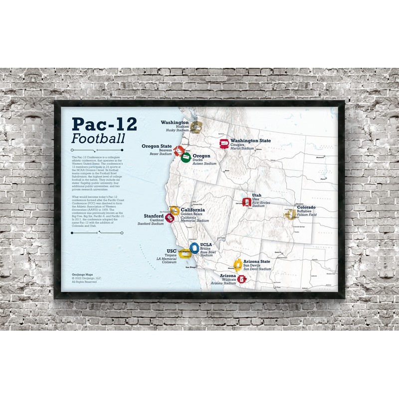 Framed College Football Stadium Map - Features Pac 12 Teams
