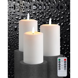 Gmnee Flameless Pillar Candles, White Battery Operated Candles with Remote, Timer, Flickering, Realistic, Set of 3 Fake LED Candles for Decor (3 x 5)