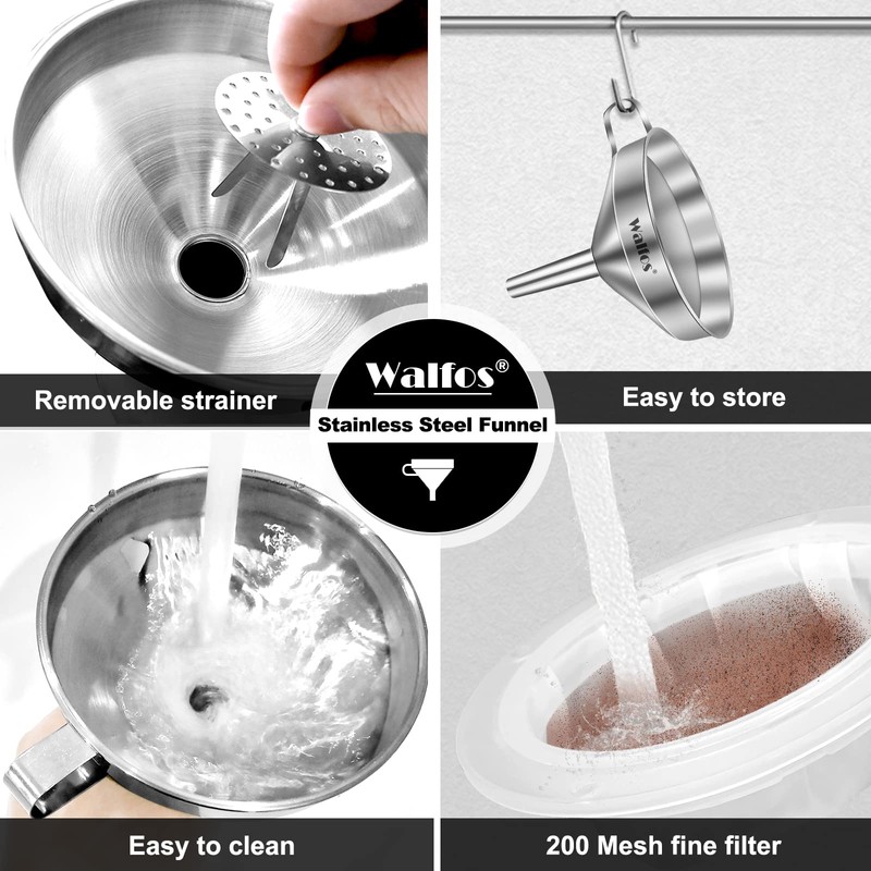 WALFOS Multi-use Stainless Steel Kitchen Funnel with 2 Removable Strainer