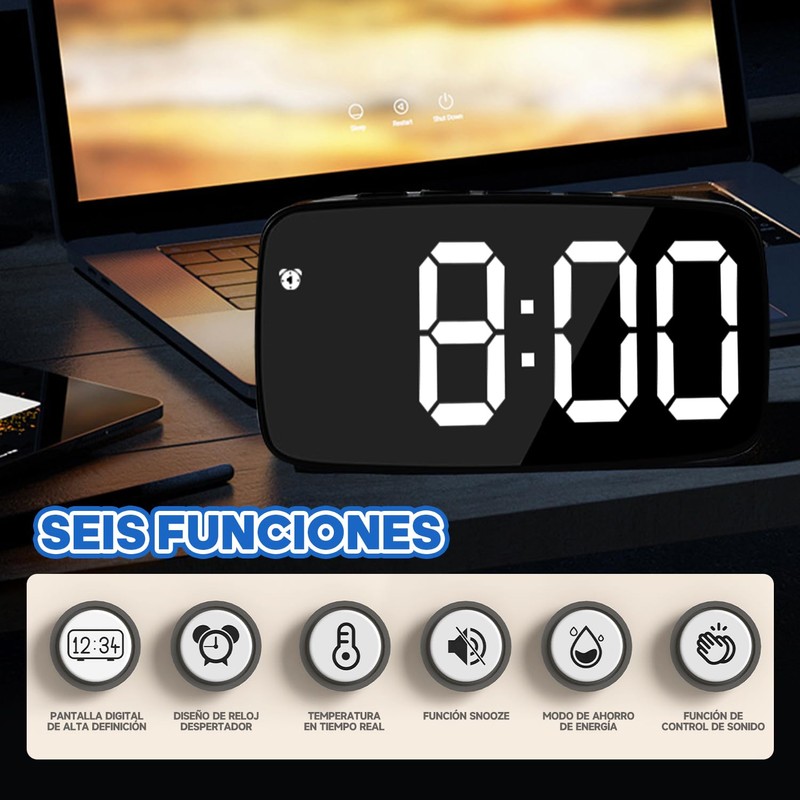 MOGONE Reloj Despertador Digital, Reloj Escritorio con Luminosidad Regulable y