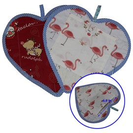 Jukway Cotton Pot Holders for Kitchen, Fabric Patchwork Table Mats Set of 2, 100% Cotton Heat Resistant Mat Pads with Pocket and Hanging Loop,Heart-shaped Potholder Teapot Mat Washable (11 x 11 Inch)