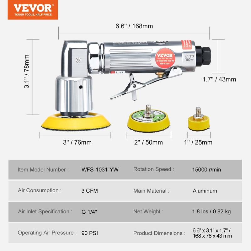 VEVOR 1/2/3 Inch Random Orbital Air Sander, High-Speed 15000RPM Mini