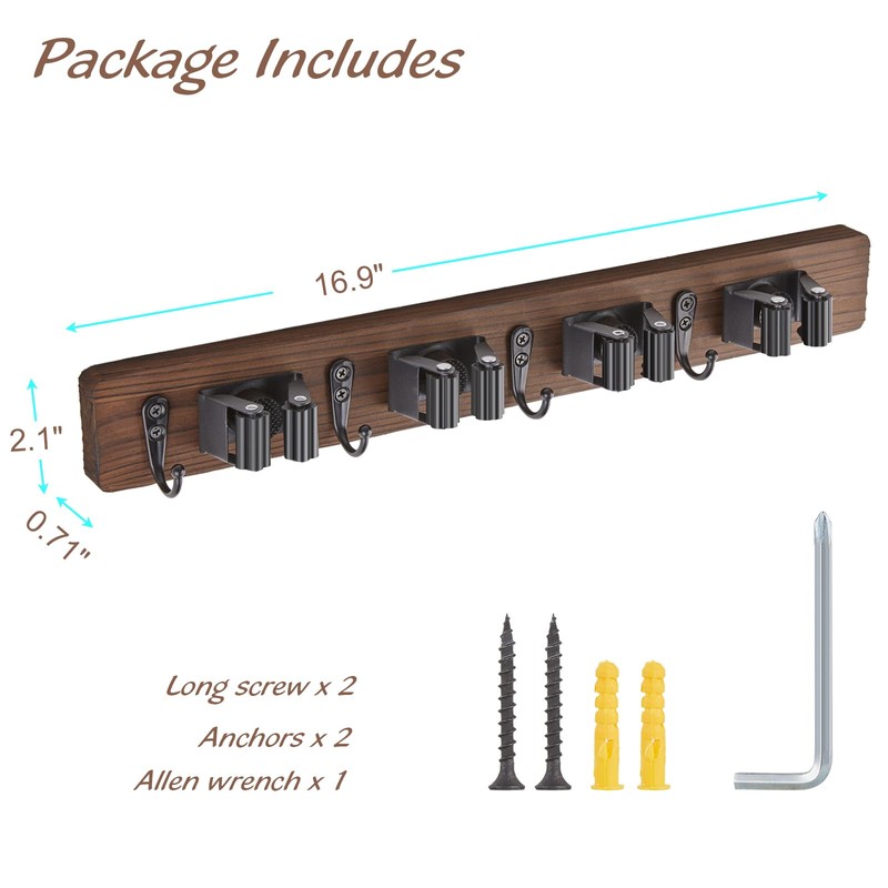 Mop and Broom Holder Wall Mount - Rustic Wood Broom