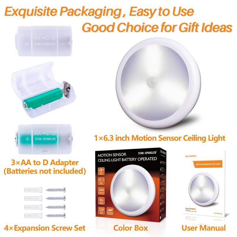 STAR-SPANGLED 6.3” Motion Sensor Ceiling Light Indoor 3 AA or