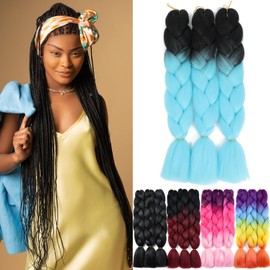 Yamel Ombre Braiding Hair Kanekalon Braiding Hair Synthetic Hair Extensions for Braiding Crochet Twist Box Braids 24 Inch 2 Tone Black to Light Blue 3 Packs Jumbo Braiding Hair
