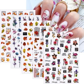 Maple Leaf Nail Art Stickers Fall Nail Decals 3D Self-Adhesive Laser Autumn Leaves Nail Art Supplies Holographic Thanksgiving Decals Stickers Gold Red Leaves Design Nail Sticker for Women 5 Sheets