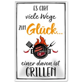 schilderkreis24 Tin Sign Funny Grill Saying "Es gibt viele Wege zum Glück" Decorative BBQ Gift Idea Man Woman 20 x 30 cm