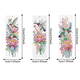 F-CANLAN 3-Piece Acrylic Diamond Painting Bookmarks with Tassels, Hummingbird & Flower Designs, DIY Crystal Art Kit