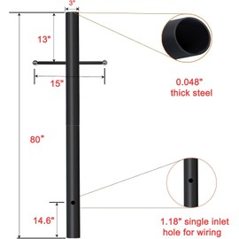 Cast Iron Light Post 80 Inch Height - 3 Inch Diameter Direct Burial Outdoor Lamp Post with Cross Arm, Weather Resistant Black for Driveway, Front Yard & Pathways‌