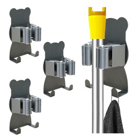 Werncy Broom Rack Wall Mount with Double Hooks, 3 Cute Bears Stainless Steel Heavy Duty Mop Rack Wall, Garden Outdoor Tool Storage Mount Nail-Free Glue Installation Black and Gray