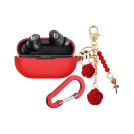 Case for Beats Solo Buds Case Cover with Flower Keychain, Cute Soft Silicone Shockproof Protective Skin Cases for Beats Solo Buds Wireless Earbuds with Carabiner for Women Girl (Red)