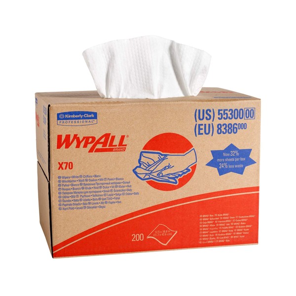 WypAll Power Clean X70 Medium Duty Cloths (55300), Brag Box, White, 1 Box with 200 Sheets