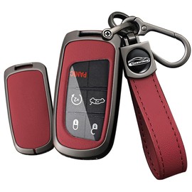 TECART Leather Key Cover Protector Metal Fit for Dodge Charger Challenger RAM Durango Smart Key Cover, Long red