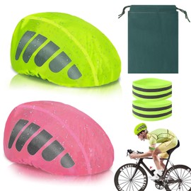 2Pcs Reflective Bike Helmet Rain Cover, High Visibility Waterproof Cycling Helmet Protector, Helmet Rain Cap With Reflective Strip, 2 Elastic Cycling Strap Wristbands for Night (Pink Green)