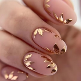 MERVF Medium Press on Nails Round Fake Nails with Gold Leaf Design Glue on Nails Fall Oval Nude Acrylic False Nails Press ons Matte 24pcs