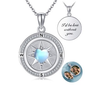 JERWLI Compass Locket Necklace for Women 925 Sterling Sliver Photo Picture Locket Necklace Compass Pendant Necklace Moonstone Jewelry Gifts for Women