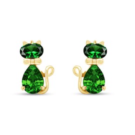 Mother's Day Jewelry Gift Pear & Oval Shape Simulated Emerald Cute Animal Kitty Cat Stud Earrings In 14k Yellow Gold Over Sterling Silver
