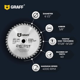 GRAFF 6-1/2-Inch 40-Tooth Circular Saw Blade for Metal, Aluminum, Steel - Steel Cutting Saw Blade with 5/8-inch Arbor for Circular Saw and Table Saw Blade, Miter Saw Blade