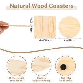 Sibba 52 Pcs Unfinished Wood Coasters, 4 Inch Blank Wooden Coasters for Crafts with 300 Non Slip Pad, Blank Coaster for DIY Stained Drawing Painting Wood Crafts Engraving Home Decoration Supplies