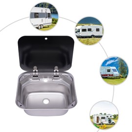Bokknppo Undermount Prep Boat RV Sink Outdoor Hand Wash Basin Utility Sink Combo Van Camper Sink with Tempered Glass Lid Hot Cold Water Pipe Trailer Caravan Accessories, 16.7 * 14.7in*5.9in