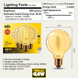 LafoHome TimelessGlow 4pk G25 Vintage LED Filament Bulb, Dimmable, 5W (40W Eq), E26, 250 Lumens, Amber Glass, 2000K Amber, Flicker-Free, Decorative, Globe Spiral Filament LED Bulb