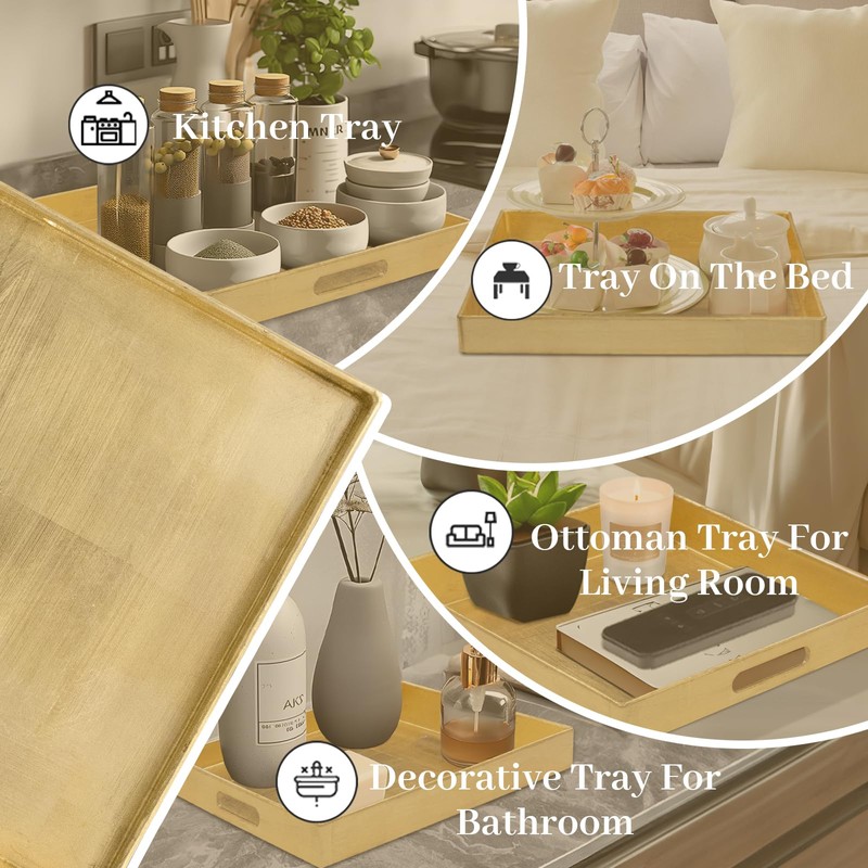 MAONAME Gold Decorative Tray with Handles, Foil Serving Tray for