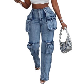 Vaceky Trendy Cargo Jeans Women High Waist Stretch Straight Leg Zipper Bottoms Denim Pants with Pockets Blue