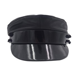 Sandy Ting Genuine Leather Motorcycle Biker Vintage Cap Greek Fisherman Style Black Cap -Small