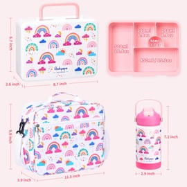 rockpapa 5 Compartment Bento Lunch Box for Kids with Uensils & Insulated Water Bottle & Lunch Bag with Strap, BPA-Free Lunch box Containers Set for School Boys Girls Ages 3+ (White Rainbow)