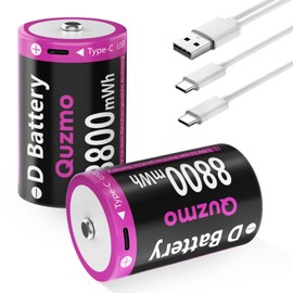 Quzmo Rechargeable Lithium D Batteries, 8800mWh 1.5V D Cell Battries with 2 in 1 USB-C Charge Cable D Size Cell Battery for Flashlight Floodlight Toys (2-Pack)