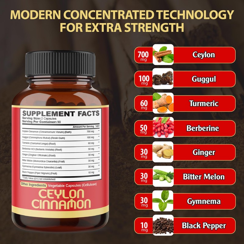 Premium Ceylon Cinnamon with Berberine Supplement - 8in1 Turmeric, Ginger,