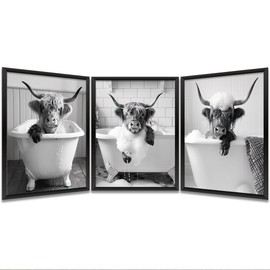 Gubrandin 3PCS Funny Bathroom Wall Art Bathroom Decor Bathroom Accessories Prints Paintings for Home Farmhouse Toilet Humor Western Cow in Toilet Bedroom Wall Decor (8x10 inch，Unframed)